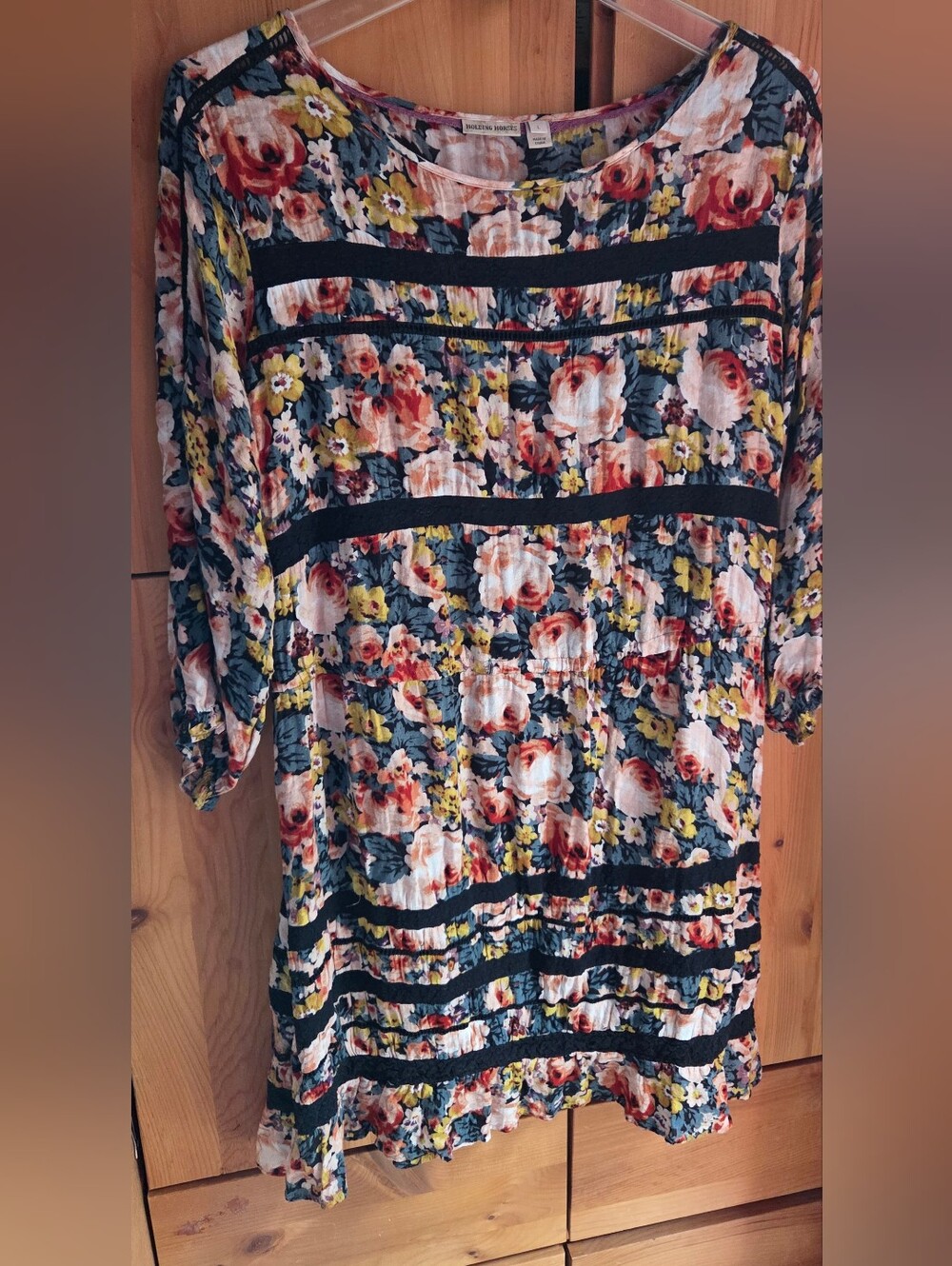 Holding Horses By Anthropologie Peach & Green Floral 3/4 Sleeve Dress Size Large